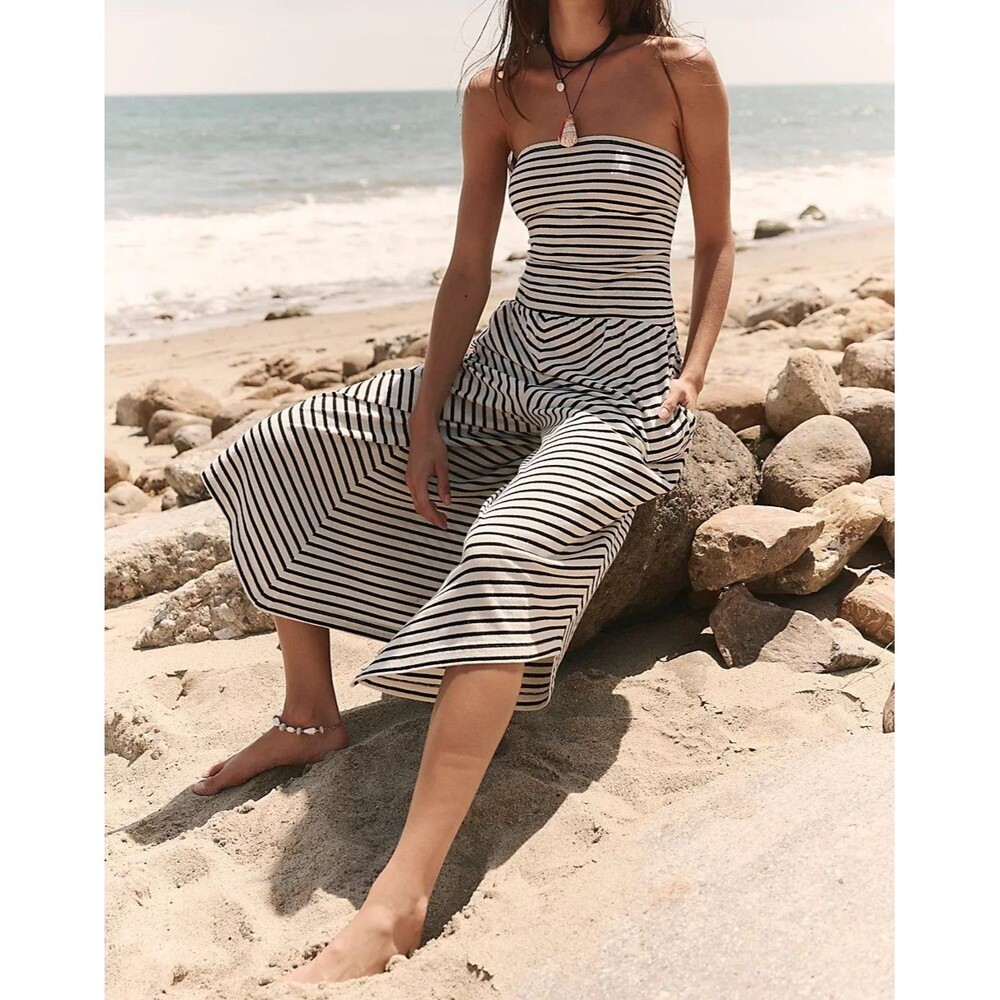 Free People Free-Est Daley One-Piece Striped Print Tube Jumpsuit Dress M 289778